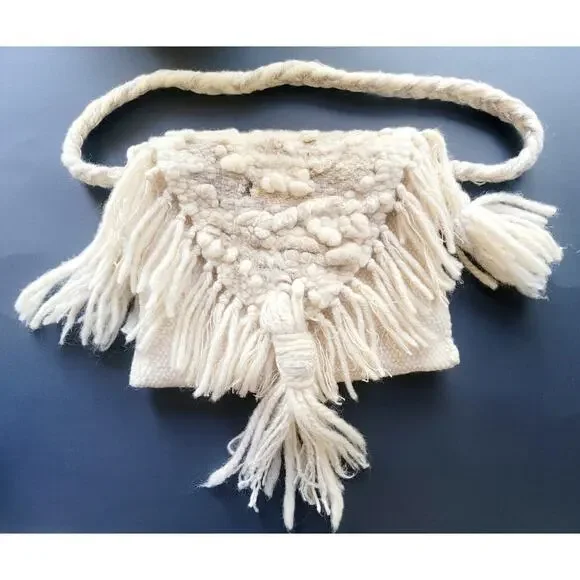 Vintage Handwoven Wool Fringe Purse Boho Artisan Bag - Picture 1 of 12